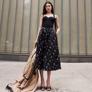 Hill House The Krista Skirt Black Ikat Floral Taffeta size XS Midi A-Line Full